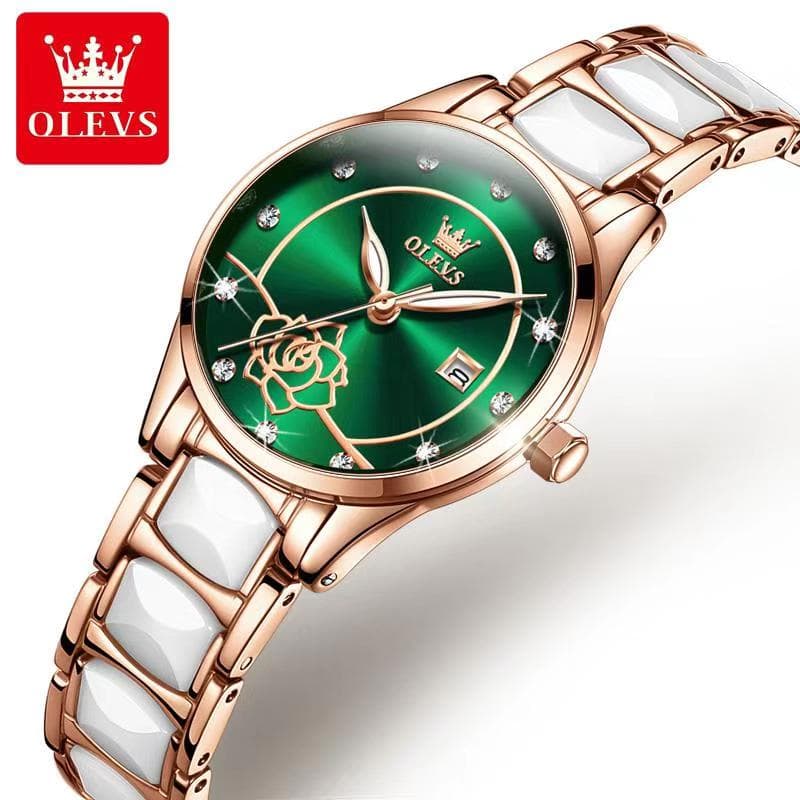 Olevs 3606 Fashion Diamond Ceramic Quartz Waterproof Green Dial Ladies Wrist Watch